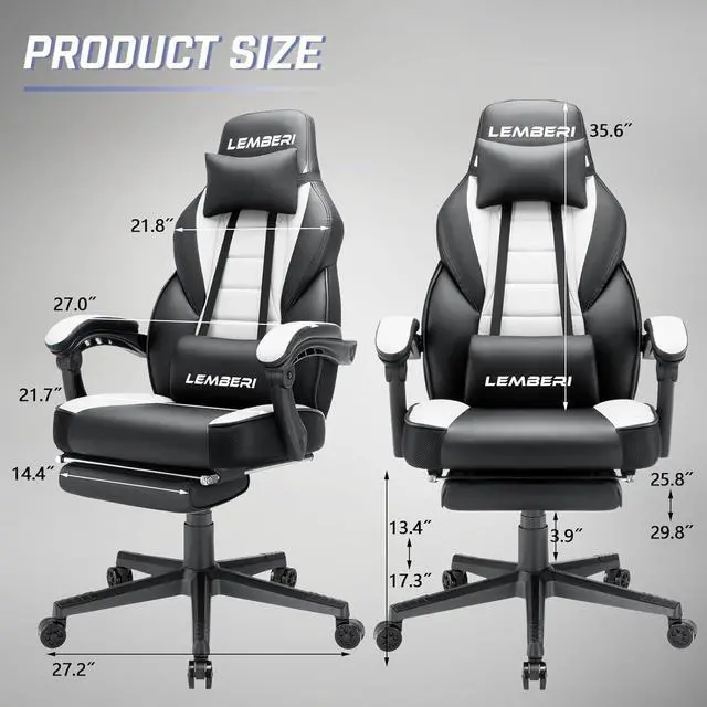 Alt view image 3 of 7 - LEMBERI Gaming Chairs with Footrest,Ergonomic Video Game Chairs for Adults,Big and Tall Gaming Chair 400lb Weight Capacity, Racing Style Gaming Computer Gamer Chair with Headrest and Lumbar Support