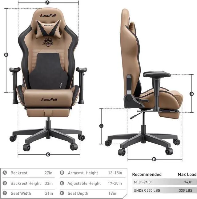 Alt view image 2 of 7 - AutoFull Gaming Chair PC Chair with Ergonomics Lumbar Support, Racing Style PU Leather High Back Adjustable Swivel Task Chair with Footrest (Brown)