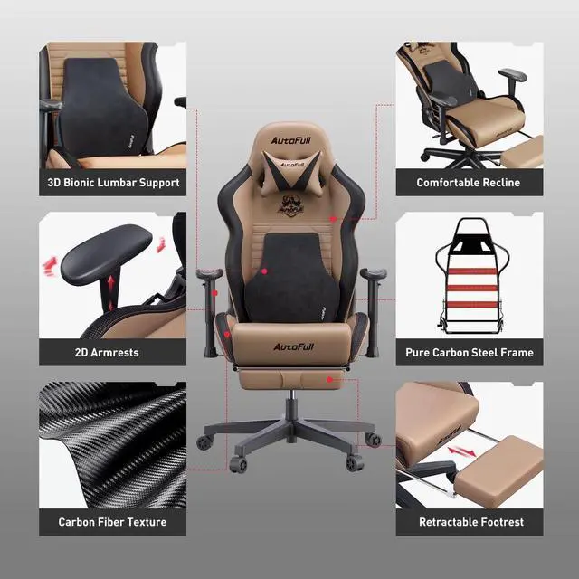 Alt view image 6 of 7 - AutoFull Gaming Chair PC Chair with Ergonomics Lumbar Support, Racing Style PU Leather High Back Adjustable Swivel Task Chair with Footrest (Brown)
