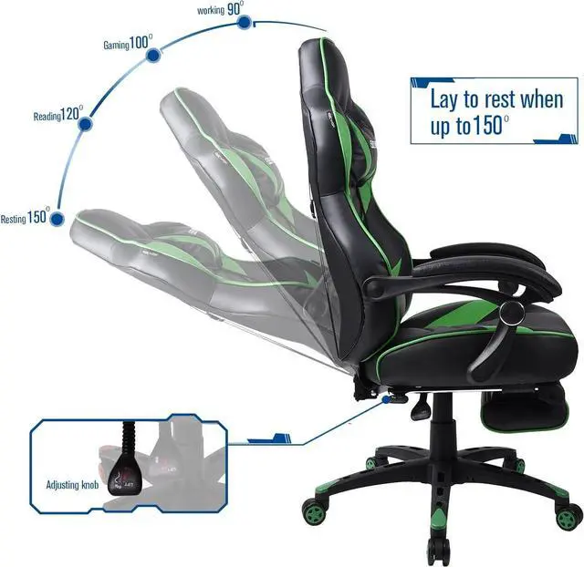 Alt view image 3 of 7 - ARTETHYS Gaming Chair for Adults Ergonomic Racing Style High Back Computer Chair with Footrest Headrest and Lumbar Support PU Leather 90-150 Degree Tilt