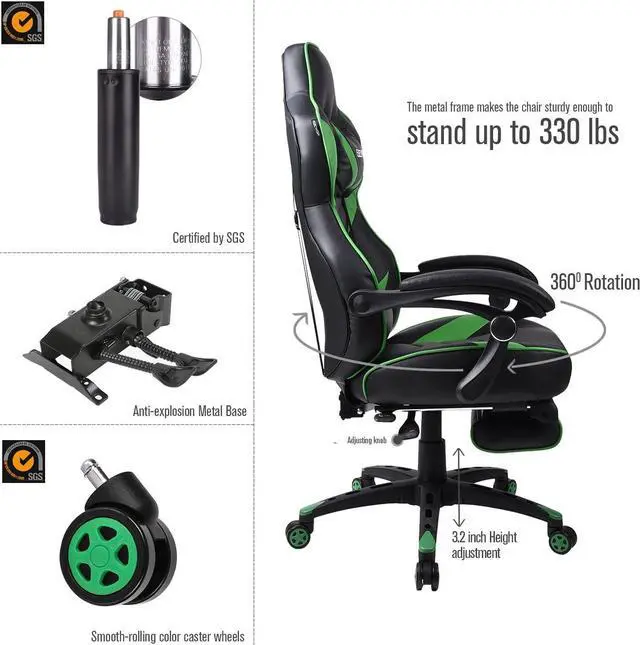 Alt view image 5 of 7 - ARTETHYS Gaming Chair for Adults Ergonomic Racing Style High Back Computer Chair with Footrest Headrest and Lumbar Support PU Leather 90-150 Degree Tilt