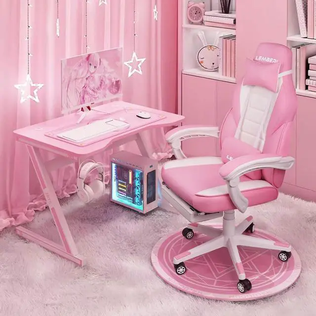 Alt view image 2 of 7 - LEMBERI Pink Gaming Chair with footrest, Kawaii Cute Pink Gamer Chair for Girl,Girls Video Game Chairs,Computer Gaming Chair with Headrest and Lumbar Support