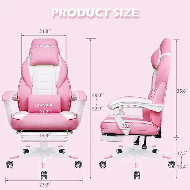 Alt view image 3 of 7 - LEMBERI Pink Gaming Chair with footrest, Kawaii Cute Pink Gamer Chair for Girl,Girls Video Game Chairs,Computer Gaming Chair with Headrest and Lumbar Support