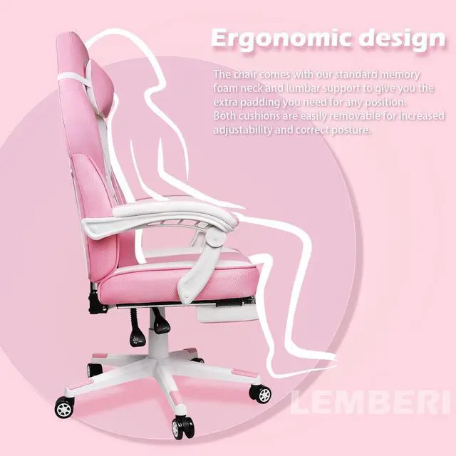 Alt view image 4 of 7 - LEMBERI Pink Gaming Chair with footrest, Kawaii Cute Pink Gamer Chair for Girl,Girls Video Game Chairs,Computer Gaming Chair with Headrest and Lumbar Support