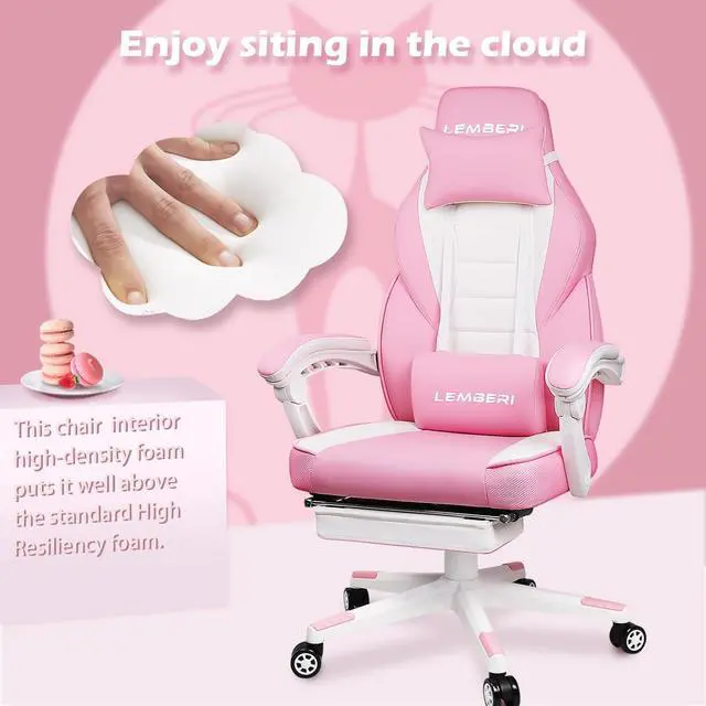 Alt view image 5 of 7 - LEMBERI Pink Gaming Chair with footrest, Kawaii Cute Pink Gamer Chair for Girl,Girls Video Game Chairs,Computer Gaming Chair with Headrest and Lumbar Support