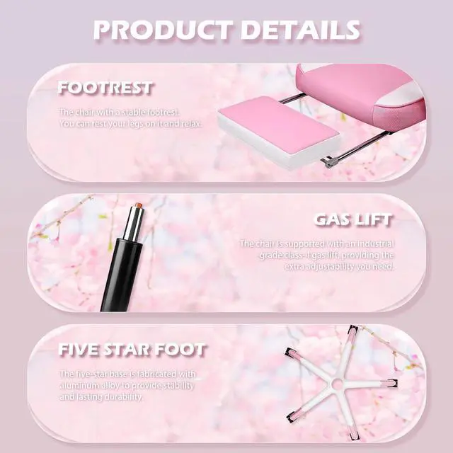 Alt view image 7 of 7 - LEMBERI Pink Gaming Chair with footrest, Kawaii Cute Pink Gamer Chair for Girl,Girls Video Game Chairs,Computer Gaming Chair with Headrest and Lumbar Support
