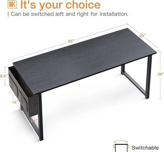 Alt view image 2 of 7 - ODK Computer Writing Desk 55 inch, Sturdy Home Office Table, Work Desk with A Storage Bag and Headphone Hook, Black