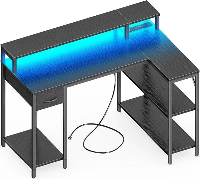 Main image of SUPERJARE L Shaped Gaming Desk with LED Lights & Power Outlets, Reversible Computer Desk with Storage Shelves & Drawer, Corner Desk Home Office Desk, Black