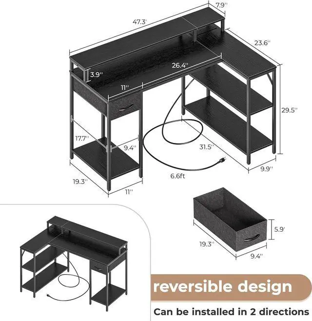 Alt view image 3 of 7 - SUPERJARE L Shaped Gaming Desk with LED Lights & Power Outlets, Reversible Computer Desk with Storage Shelves & Drawer, Corner Desk Home Office Desk, Black