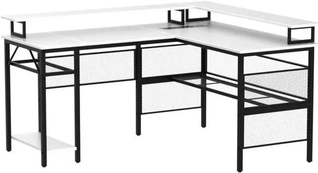 Alt view image 5 of 7 - Unikito L Shaped Computer Desk with LED Strip and Power Outlets, Reversible Corner Desk with Monitor Stand and Storage Shelf, Modern Gaming Home Office Table with USB Ports, White