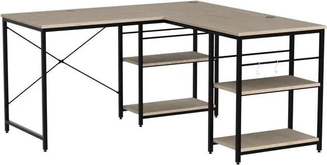 Alt view image 5 of 7 - Bestier L Shaped Desk with Shelves 86.6 Inch Reversible Corner Computer Desk or 2 Person Long Table for Home Office Large Gaming Writing Storage Workstation P2 Board with 3 Cable Holes, Oak