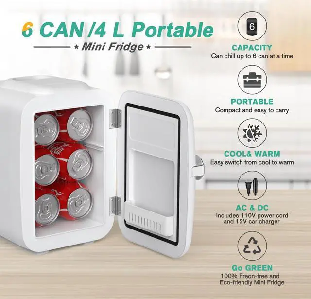 Alt view image 2 of 7 - CROWNFUL Mini Fridge, 4 Liter/6 Can Portable Cooler and Warmer Personal Refrigerator for Skin Care, Cosmetics, Beverage, Food,Great for Bedroom, Office, Car, Dorm, ETL Listed (White)