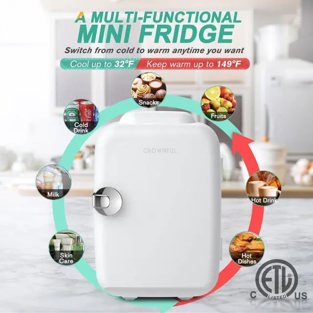 Alt view image 3 of 7 - CROWNFUL Mini Fridge, 4 Liter/6 Can Portable Cooler and Warmer Personal Refrigerator for Skin Care, Cosmetics, Beverage, Food,Great for Bedroom, Office, Car, Dorm, ETL Listed (White)