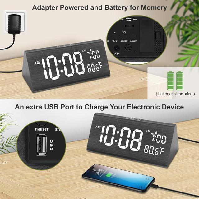 Alt view image 6 of 7 - DreamSky Wooden Digital Alarm Clock for Bedroom - 7.7" Electric Clocks with USB Ports, Large Numbers, Temperature, 0-100% Brightness Dimmer, Adjustable Alarm Volume, Snooze, 12/24H