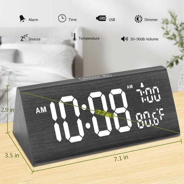 Alt view image 7 of 7 - DreamSky Wooden Digital Alarm Clock for Bedroom - 7.7" Electric Clocks with USB Ports, Large Numbers, Temperature, 0-100% Brightness Dimmer, Adjustable Alarm Volume, Snooze, 12/24H