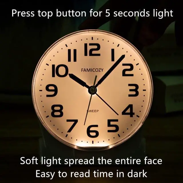 Alt view image 5 of 7 - FAMICOZY 4.5" No Ticking Analog Alarm Clock,Silent Readable for Seniors,Easy to Set,Gradual Rise Alarm,Big Numbers,On/Off Switch on Side,Gentle Wake,Snooze Soft Backlight,Battery Operated,White