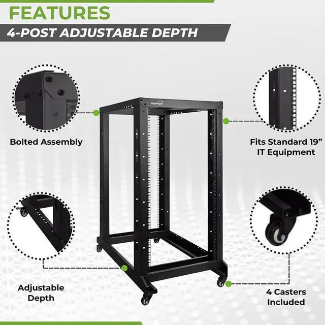 Alt view image 2 of 7 - NavePoint 22U 4 Post Server Rack  Open Frame Rack for 19 Inch Equipment, Adjustable Depth 4-Post Network Rack with Casters Wheels, 22U Server Rack 881lbs Capacity, Black