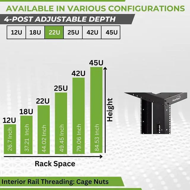 Alt view image 3 of 7 - NavePoint 22U 4 Post Server Rack  Open Frame Rack for 19 Inch Equipment, Adjustable Depth 4-Post Network Rack with Casters Wheels, 22U Server Rack 881lbs Capacity, Black