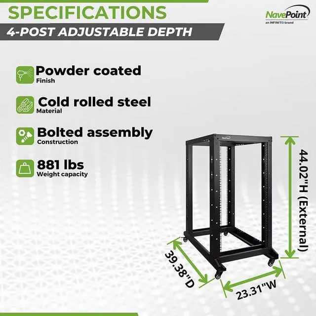 Alt view image 4 of 7 - NavePoint 22U 4 Post Server Rack  Open Frame Rack for 19 Inch Equipment, Adjustable Depth 4-Post Network Rack with Casters Wheels, 22U Server Rack 881lbs Capacity, Black