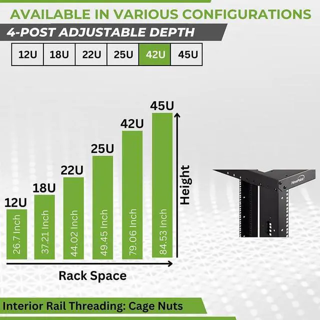 Alt view image 3 of 7 - NavePoint 42U 4 Post Server Rack  Open Frame Rack for 19 Inch Equipment, Adjustable Depth 4-Post Network Rack with Casters Wheels, 42U Server Rack 881lbs Capacity, Black