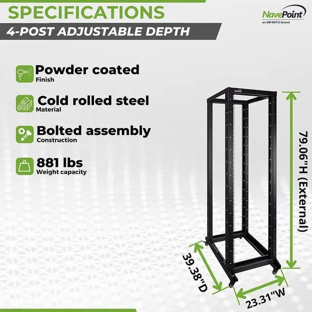 Alt view image 4 of 7 - NavePoint 42U 4 Post Server Rack  Open Frame Rack for 19 Inch Equipment, Adjustable Depth 4-Post Network Rack with Casters Wheels, 42U Server Rack 881lbs Capacity, Black