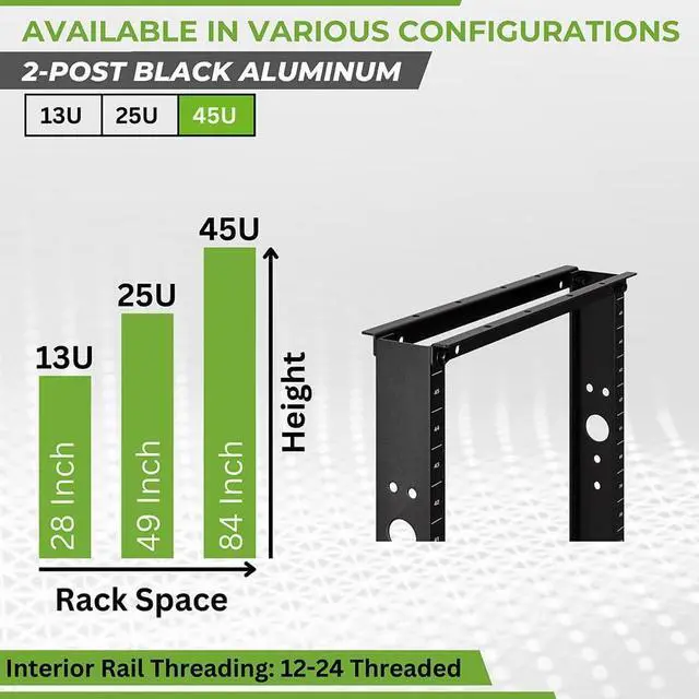 Alt view image 3 of 7 - NavePoint 45U 2 Post Open Frame Server Rack for 19 Inch Equipment, AV, Networking, Data & IT Devices, 2-Post Rack 45U 881lbs Weight Capacity, Black