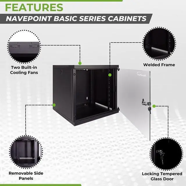 Alt view image 2 of 4 - NavePoint 9U Wall Mount Network Cabinet for 19 IT Equipment with Lockable Glass Door & Removable Side Panels, 2 Fans, 17.7 Deep, Pre-Assembled