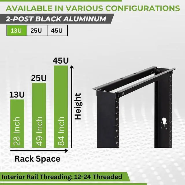 Alt view image 3 of 7 - NavePoint 13U 2 Post Open Frame Server Rack for 19 Inch Equipment, AV, Networking, Data & IT Devices, 2-Post Rack 13U 661lbs Weight Capacity, Black