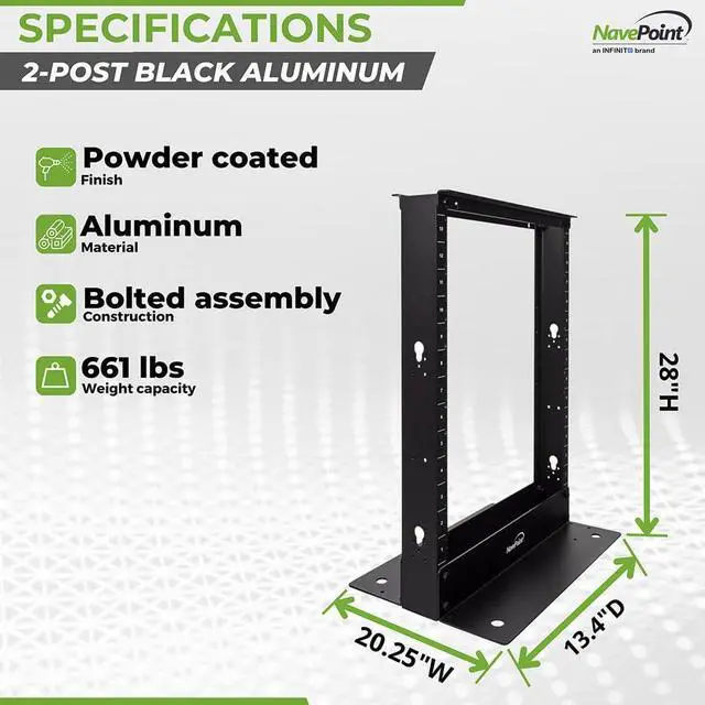 Alt view image 4 of 7 - NavePoint 13U 2 Post Open Frame Server Rack for 19 Inch Equipment, AV, Networking, Data & IT Devices, 2-Post Rack 13U 661lbs Weight Capacity, Black