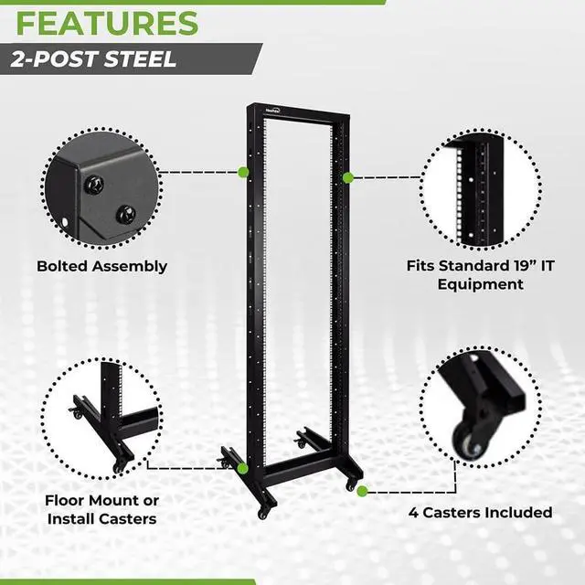 Alt view image 2 of 6 - 42U 2 Post Open Frame Server Rack with Casters for 19 Inch Equipment, Networking, and IT Devices, 2-Post Rack 330lbs Weight Capacity, Black