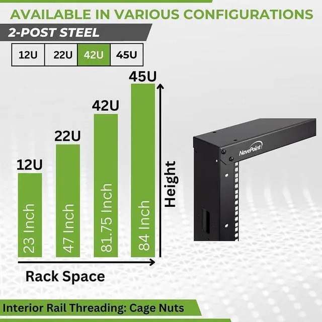 Alt view image 3 of 6 - 42U 2 Post Open Frame Server Rack with Casters for 19 Inch Equipment, Networking, and IT Devices, 2-Post Rack 330lbs Weight Capacity, Black