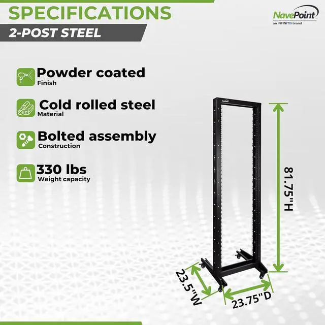 Alt view image 4 of 6 - 42U 2 Post Open Frame Server Rack with Casters for 19 Inch Equipment, Networking, and IT Devices, 2-Post Rack 330lbs Weight Capacity, Black
