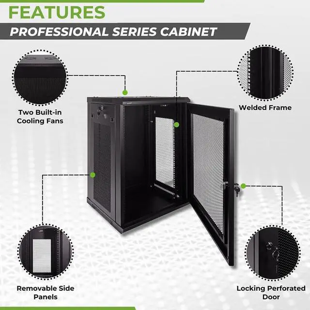 Alt view image 2 of 6 - NavePoint 15U Server Rack Enclosure - 17.7 Deep, 15U Wall Mount Network Cabinet with Locking Perforated Door, 19 IT Equipment Compatible, 15U Network Rack, Removable Side Panels, Black