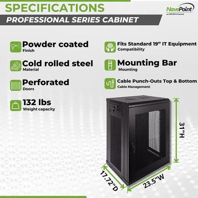 Alt view image 4 of 6 - NavePoint 15U Server Rack Enclosure - 17.7 Deep, 15U Wall Mount Network Cabinet with Locking Perforated Door, 19 IT Equipment Compatible, 15U Network Rack, Removable Side Panels, Black