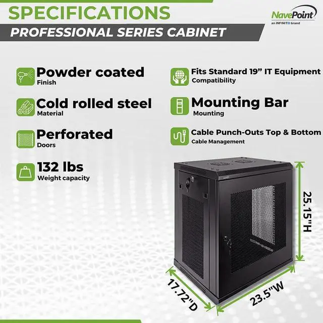 Alt view image 4 of 6 - NavePoint 12U Server Rack Enclosure - 17.7 Deep, 12U Wall Mount Network Cabinet with Locking Perforated Door, 19 IT Equipment Compatible, 12U Network Rack, Removable Side Panels, Black