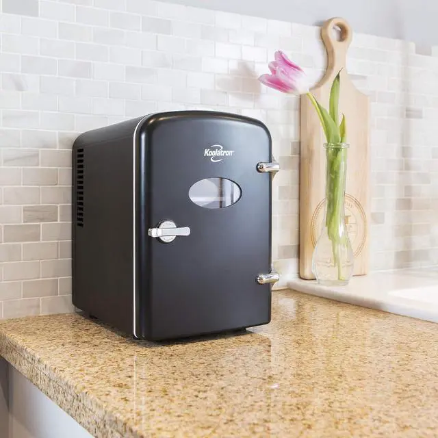 Alt view image 2 of 6 - Koolatron retro Mini Portable Fridge, 4L Compact Refrigerator for Skincare, Beauty Serum, Face Mask, Personal Cooler, Includes 12V and AC Cords, Desktop Accessory for Home Office Dorm Travel, Black