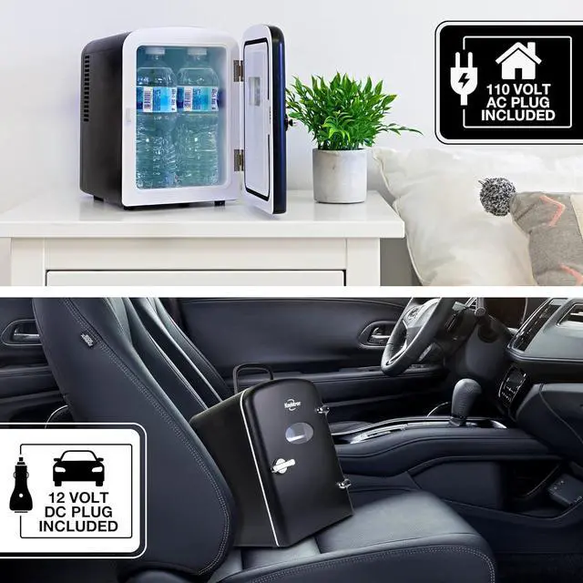 Alt view image 5 of 6 - Koolatron retro Mini Portable Fridge, 4L Compact Refrigerator for Skincare, Beauty Serum, Face Mask, Personal Cooler, Includes 12V and AC Cords, Desktop Accessory for Home Office Dorm Travel, Black