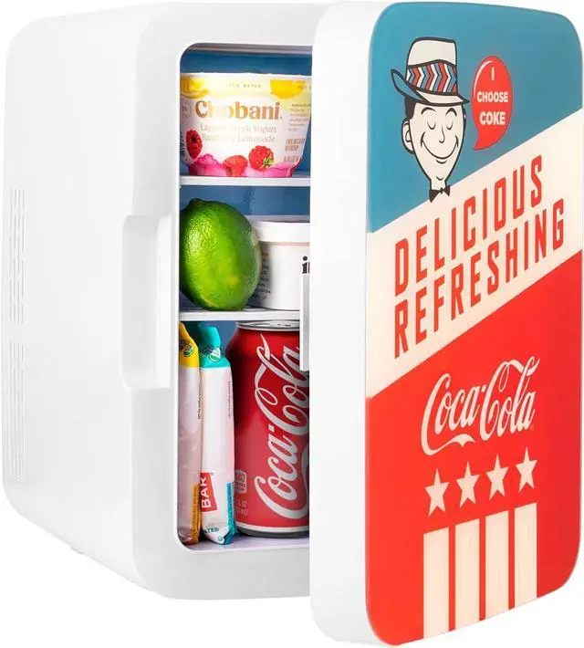 Alt view image 2 of 7 - Cooluli Retro Coca-Cola Mini Fridge for Bedroom - Car, Office Desk & College Dorm Room - 10L/12 Can Small Refrigerator - AC/DC 12V Portable Cooler & Warmer for Food, Drinks & Skincare (Coke, Vintage)