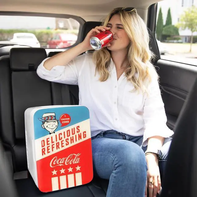 Alt view image 6 of 7 - Cooluli Retro Coca-Cola Mini Fridge for Bedroom - Car, Office Desk & College Dorm Room - 10L/12 Can Small Refrigerator - AC/DC 12V Portable Cooler & Warmer for Food, Drinks & Skincare (Coke, Vintage)