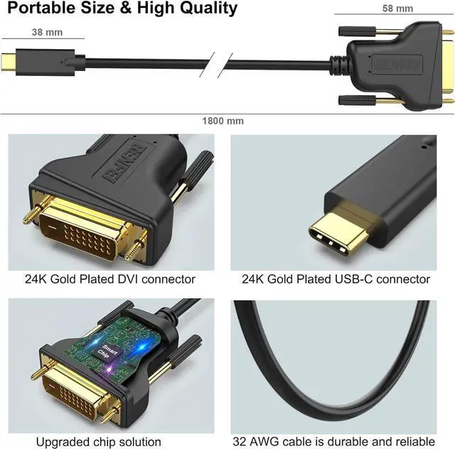 Alt view image 6 of 7 - BENFEI USB C to DVI 6 Feet Cable, USB Type-C to DVI Cable [Thunderbolt 3/4] Compatible with iPhone 15 Pro/Max, MacBook Pro/Air 2023, iPad Pro, iMac, S23, XPS 17, Surface Book 3 and More