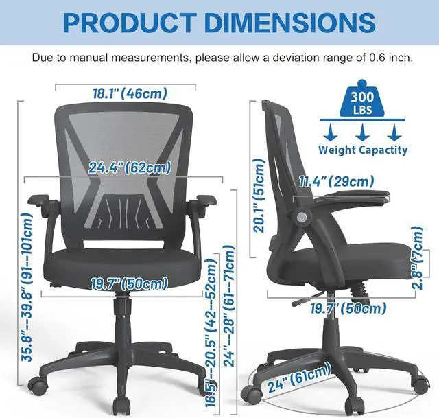 Alt view image 3 of 7 - KOLLIEE Mid Back Mesh Office Chair Ergonomic Swivel Black Mesh Computer Chair Flip Up Arms with Lumbar Support Adjustable Height Task Chair