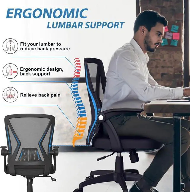 Alt view image 6 of 7 - KOLLIEE Mid Back Mesh Office Chair Ergonomic Swivel Black Mesh Computer Chair Flip Up Arms with Lumbar Support Adjustable Height Task Chair
