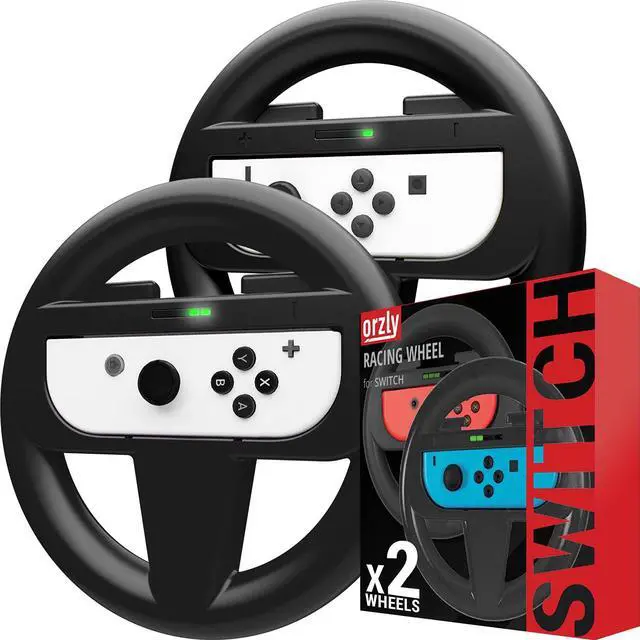 Main image of Orzly Steering Wheels for Nintendo Switch & OLED Console JoyCons, Racing Wheels for Mario Kart 8 Deluxe [Mariokart Switch Steering Wheel Joycon Controller Attachment Accessories]-Twin Pack [2X Black]