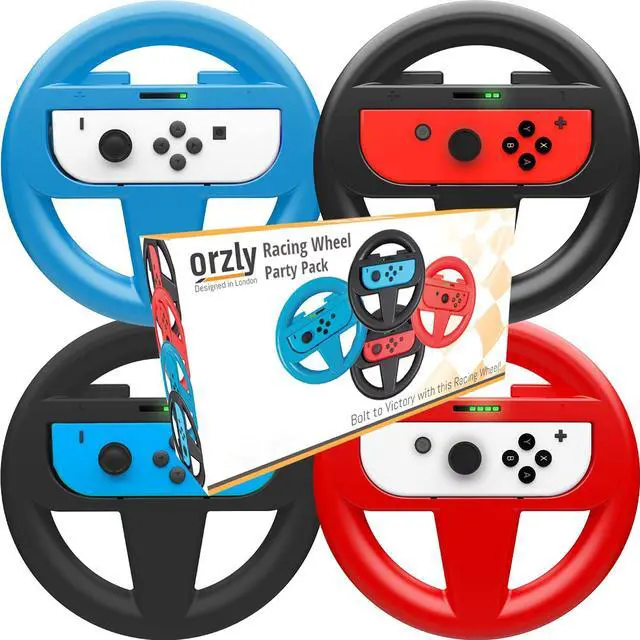 Main image of Orzly Nintendo Switch & OLED Console Steering Wheel, 4 PACK, for Mario Kart 8 Deluxe Nintendo Switch, Mariokart Switch Steering Wheel (Joycon Controller Attachments) (2x Black, 1x Wheel, 1x Red)