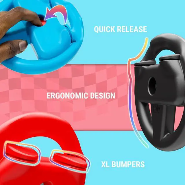 Alt view image 6 of 7 - Orzly Nintendo Switch & OLED Console Steering Wheel, 4 PACK, for Mario Kart 8 Deluxe Nintendo Switch, Mariokart Switch Steering Wheel (Joycon Controller Attachments) (2x Black, 1x Wheel, 1x Red)