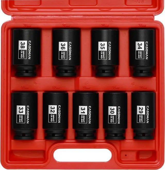 Main image of CASOMAN large socket set 1/2- Inch Drive Deep Spindle Axle Nut Impact Socket Set, 6 Point, CR-MO, Metric, 29mm-38mm, 9-Piece 1/2" Dr. Deep Impact Socket Set