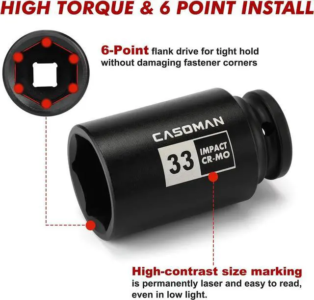 Alt view image 3 of 7 - CASOMAN large socket set 1/2- Inch Drive Deep Spindle Axle Nut Impact Socket Set, 6 Point, CR-MO, Metric, 29mm-38mm, 9-Piece 1/2" Dr. Deep Impact Socket Set