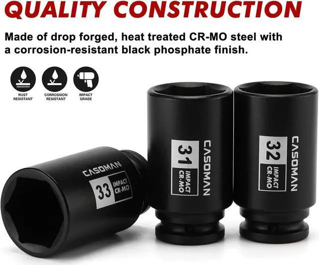 Alt view image 4 of 7 - CASOMAN large socket set 1/2- Inch Drive Deep Spindle Axle Nut Impact Socket Set, 6 Point, CR-MO, Metric, 29mm-38mm, 9-Piece 1/2" Dr. Deep Impact Socket Set