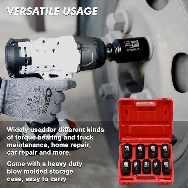 Alt view image 6 of 7 - CASOMAN large socket set 1/2- Inch Drive Deep Spindle Axle Nut Impact Socket Set, 6 Point, CR-MO, Metric, 29mm-38mm, 9-Piece 1/2" Dr. Deep Impact Socket Set