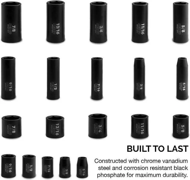 Alt view image 2 of 6 - NEIKO 02434A 3/8-Inch-Drive Standard and Deep Impact Socket Set, 6-Point SAE Sizes from 5/16" to 7/8", CrV Steel, 20 Pieces